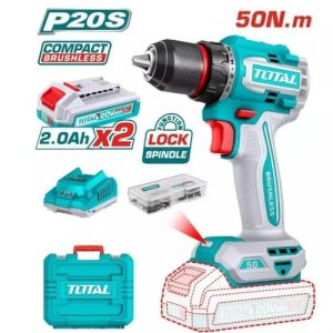 TOTAL Cordless Drill 20V 50N.m with 2pcs Batteries Impact Drill Rechargeable Battery Powered Brushless Hammer Drill with Battery & Charger